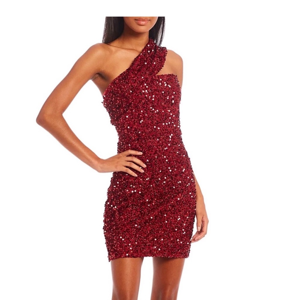 GB Social Red One Shoulder Juniors' Sequin & Sparkling Mini Dress